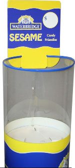 Clear plastic pop dump bin display with printed paperboard branding